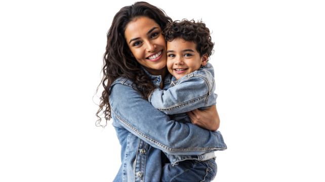 portrait of a Hispanic mother isolated on a white background, hugging her young child close while smiling
