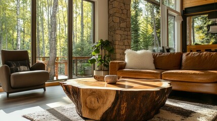 Fototapeta premium Cozy Living Room With Forest View, Large Windows, Rustic Wooden Coffee Table, Leather Furniture, Natural Light, Warm Inviting Interior Design