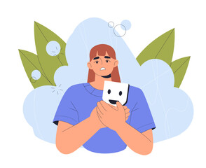 Woman took off mask. Young girl with theatrical mask in hands. Mental and psychological problems. Liar and pretender. Paranoia and schizophrenia. Flat vector illustration