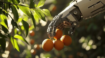 Close-up of a robotic arm gently handling ripe fruits in a high-tech farm environment