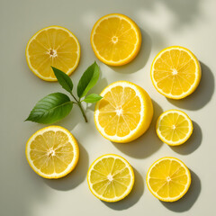 Freshly Cut Lemon Slices Beautifully Arranged with Green Leaves on a Soft Surface with Isolated Background