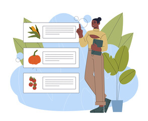 Woman with harvest list. Young girl near tomato, corn and pumpkin. Farming and agriculture. Natural and organic products, vegetables. Farmer with checklist. Flat vector illustration