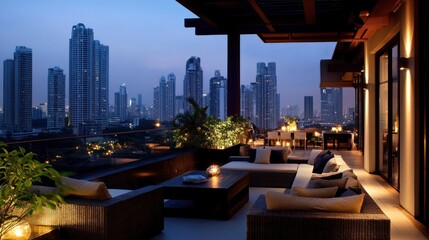 Obraz premium Luxury Rooftop Terrace with City Skyline at Dusk