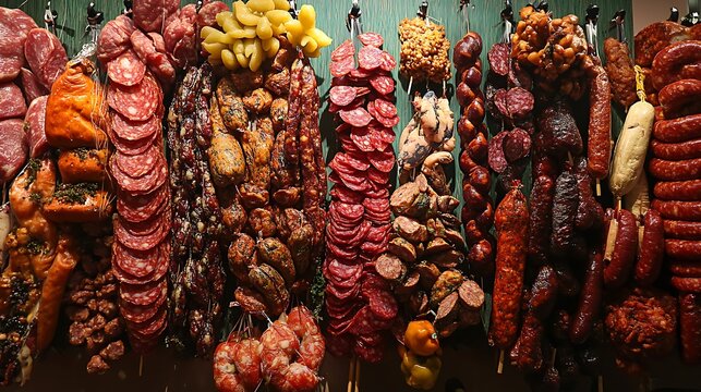 Display of cured meats hanging on hooks showcases a variety of sausages and salami