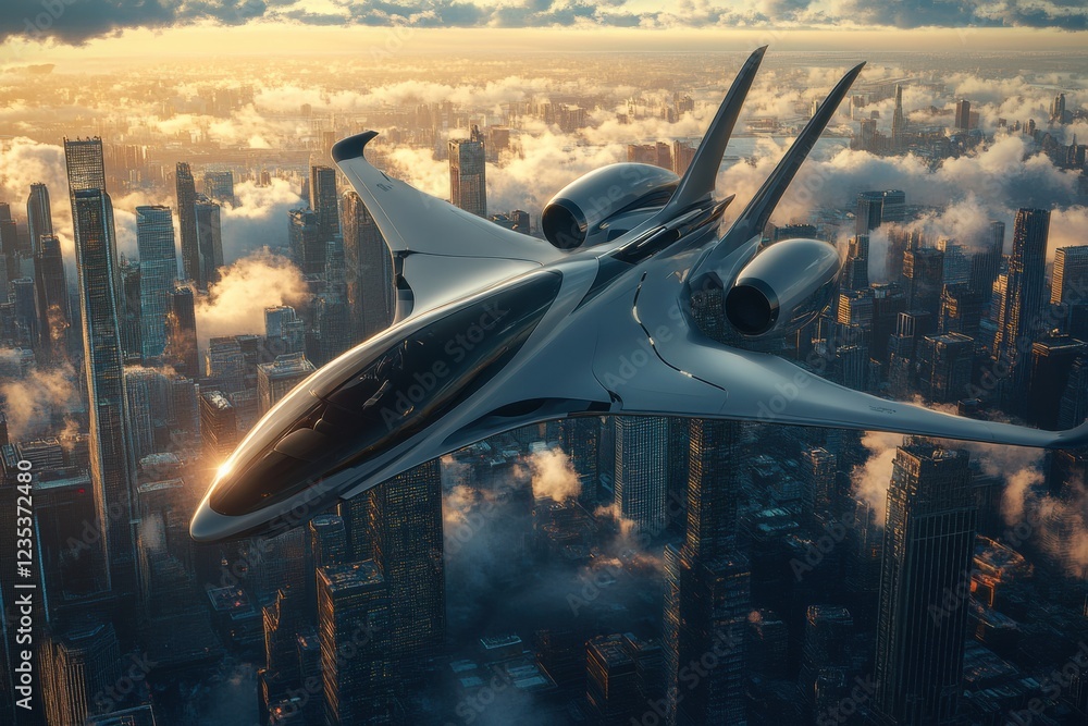 Poster futuristic airplane soaring above a dazzling sci fi cityscape at sunset with sleek design and innova