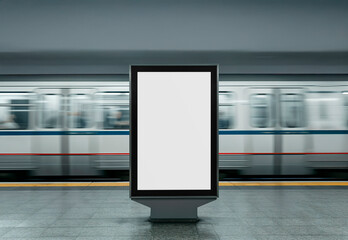 Blank Billboard on Subway Platform with Moving Train