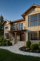 Luxury Home Exterior: Stone Facade, Landscaped Garden, and Modern Design