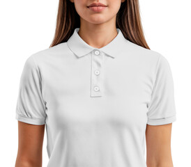 Young woman wearing a plain white polo shirt