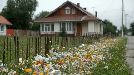 Obraz premium Rural house, litter, wildflowers, roadside, environmental issue