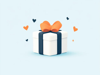 Gift Box with Bow and Hearts: A delightful 3D-rendered image showcasing a pristine white gift box adorned with a vibrant orange bow and black ribbon, surrounded by floating hearts.