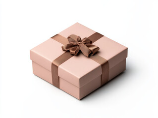 Obraz premium Pink Gift Box with Brown Ribbon: A blush pink square gift box adorned with a delicate brown ribbon and bow, conveying elegance and anticipation. Perfect for showcasing presents, holidays.