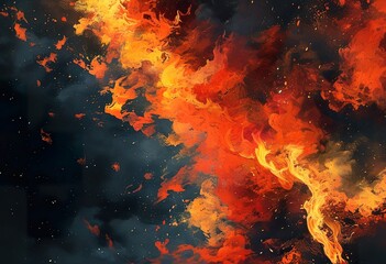 Abstract art depicting a fiery nebula, with intense orange and yellow hues against a dark background. The texture is fluid and dynamic, resembling cosmic flames.
