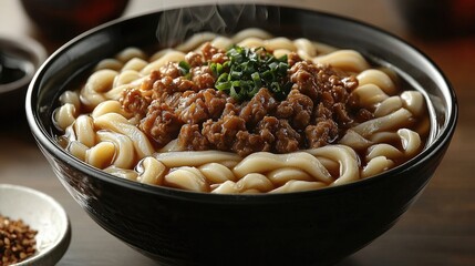 Delicious bowl of steaming noodles topped with savory beef and herbs in a cozy setting