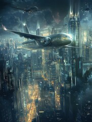 Futuristic airplane gliding over a vibrant sci fi cityscape with illuminated skyscrapers at twilight. Generative AI