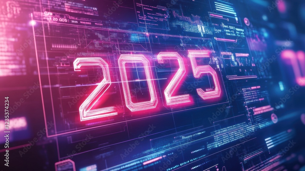 Fototapete futuristic digital calendar showcasing the year 2025 with vibrant neon and sleek design in a high te