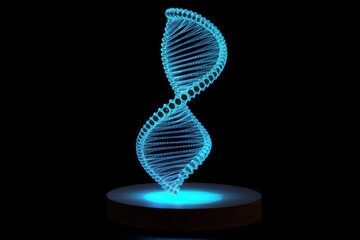 Blue 3D Spiral Sculpture Representing DNA Model with Glowing Effect on Black Background