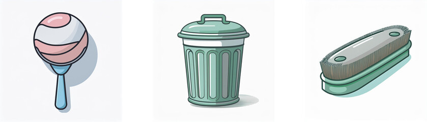 A cleaning set: laundry ball, trash can, and brush.  Perfect for tidying up!