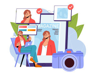 Magazine with woman. Cover for trendy journal with fashionable young girl. Fashion and style. Aesthetics and elegance. Summer trends 2025. Flat vector illustration