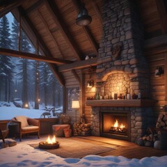 Cozy cabin by the fireplace on a snowy evening, fireplace, glow
