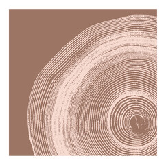 Pink brown tan stamp impression of end grain of wood slab. Tree rings ripples art with texture and cracked surface.