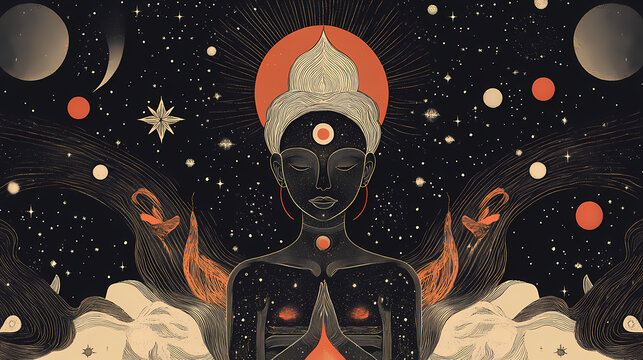 A celestial depiction of meditation with intricate patterns, a serene figure, and cosmic elements. Cosmic Serenity. Illustration