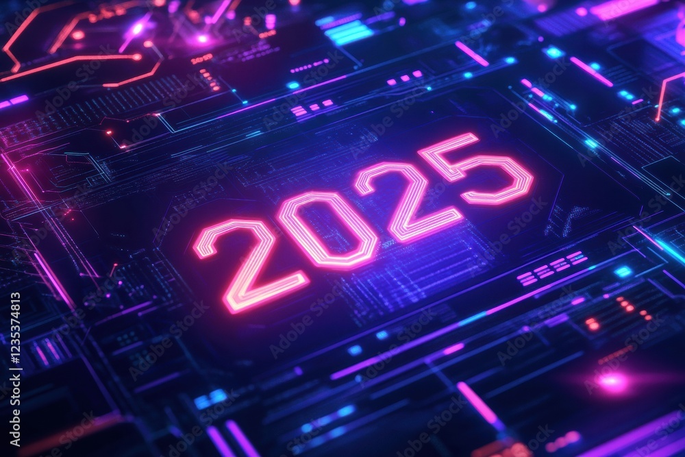 Poster futuristic digital calendar showcases the year 2025 in a vibrant neon display. generative ai