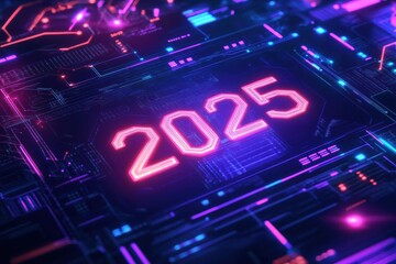Obraz premium Futuristic digital calendar showcases the year 2025 in a vibrant neon display. Generative AI