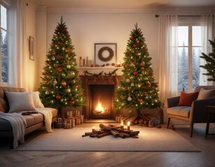 Cozy living room with Christmas tree decorated with cinnamon sticks and pinecones, christmas, cinnamon