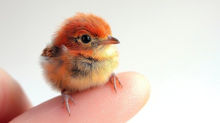 A tiny, vibrant bird perched delicately on a finger against a soft, blurred background