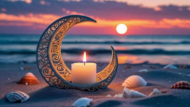 A candle is placed in a metal frame of the crescent, placed on the sand of beech with sea shells around, the sun is setting behind the waves of the sea. A concept for Ramadan, fasting month of Muslims