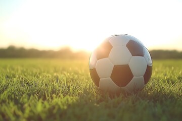 Soccer Ball on a Green Field at Sunset