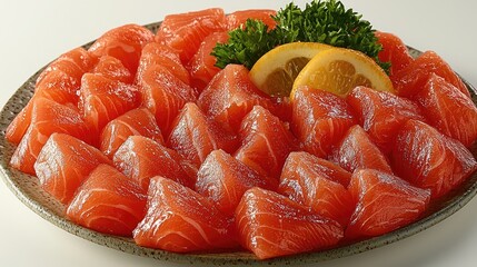Freshly sliced salmon sashimi arranged beautifully on a plate with lemon and garnish