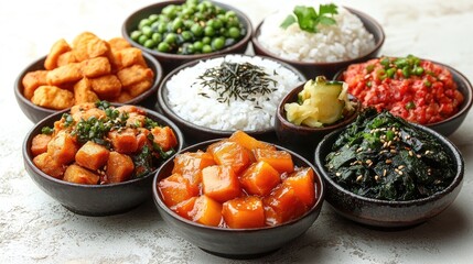 A vibrant display of assorted Asian dishes in bowls, featuring rice, vegetables, and garnishes