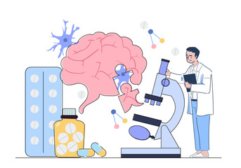 Neurologist doctor concept. Man in medical uniform with microscope near brain. Scientific research in laboratory. Healthcare and medicine. Diagnosis and treatment. Linear vector illustration