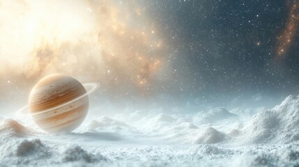 Stunning view of a distant planet with rings amidst a cosmic landscape and stars