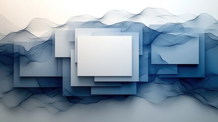 Abstract composition of layered translucent shapes with flowing blue waves in background