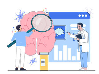 Neurologist doctor concept. Men in medical uniform with magnifying glass near brain. Scientific research in laboratory. Healthcare and medicine. Neurology and anatomy. Linear vector illustration