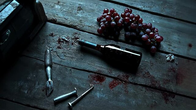 Dark and messy table with spilled wine and tools on an eerie wooden surface