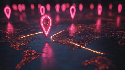Neon Location Pins on World Map with Glowing City Lights in Dark Background
