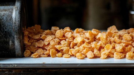 A rustic scene of spilled orange snacks cascading from a container on a wooden table