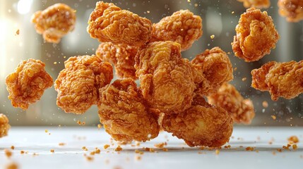 Crispy fried chicken pieces floating in mid-air, showcasing texture and golden color