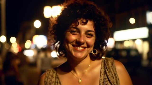 young woman in a Latin American street flirting at night looking at the camera