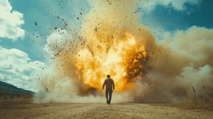 Man Walking Away From A Massive Explosion