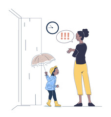 Parental control concept. Woman dresses girl for street. Mother watches her daughter with umbrella. Motherhood and childhood, parenthood. Autumn and fall season. Linear vector illustration