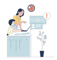 Parental control concept. Woman and boy with laptop. Internet access ban for kids. Online safety and protection. Prohibited content on internet. Linear vector illustration