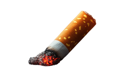 Burning Cigarette: Close-up shot of a burning cigarette lying on its side. The glowing ember at the end creates a sense of urgency and danger.  