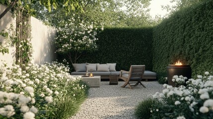 Naklejka premium Serene White Garden Oasis: Tranquil Backyard Retreat with Lush Greenery and Cozy Seating
