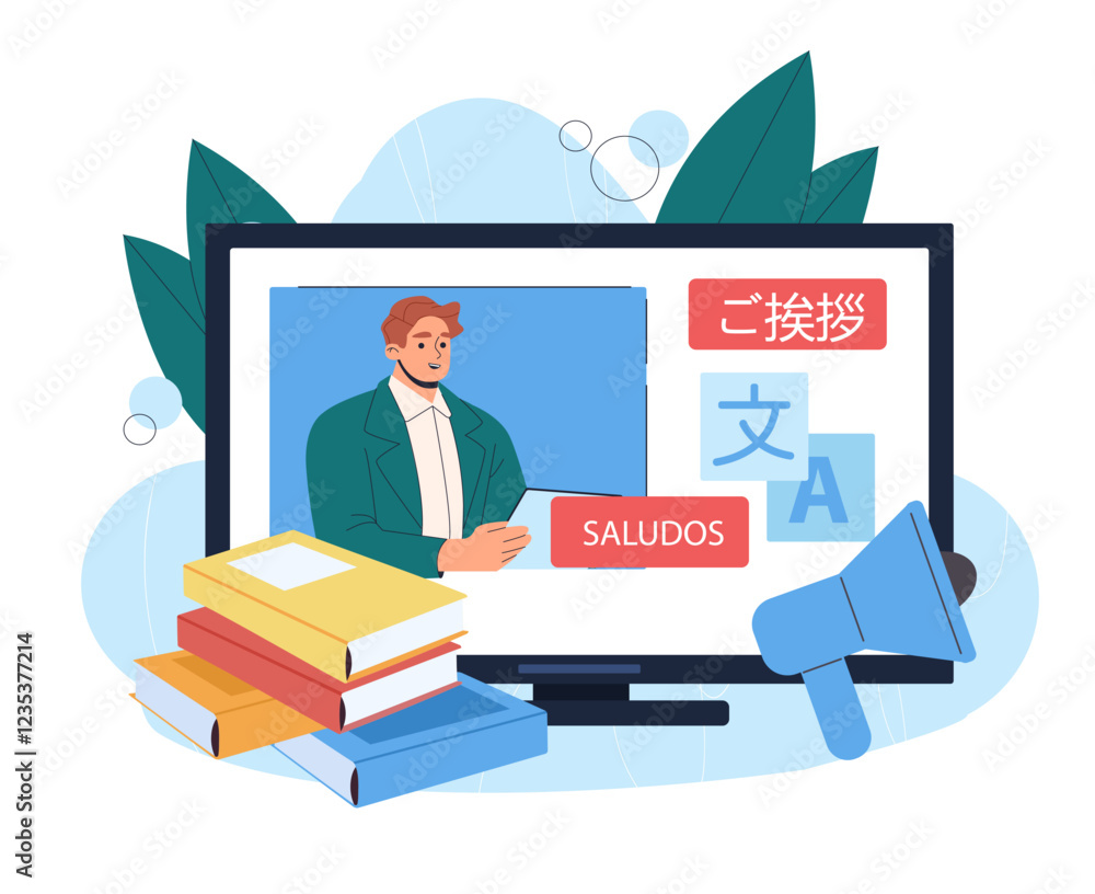 Poster man online translator. young guy at computer screen near stack of books and loudspeaker. translation