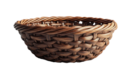 Woven Basket's Rustic Charm: Close-up shot of a round, intricately woven wicker basket, exuding a warm, natural aesthetic and offering a touch of rustic charm.