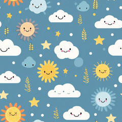 A blue and white pattern of clouds and suns with smiling faces